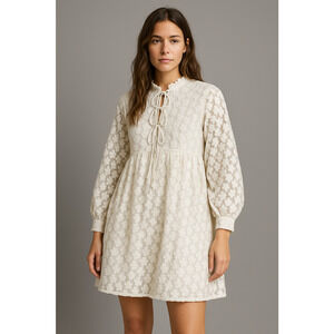 Zara Textured Weave Mini Dress Womens Small White Floral Embroidered Cottagecore